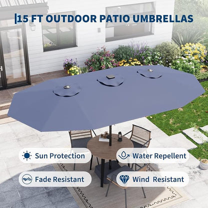 Garvee 15FT Patio Umbrella with Solar Lights & Base Included, Navy Blue | Rectangular Large Patio Umbrella with Crank Handle 48 LED Lights, UV Protection for Outdoor Market, Backyard, Deck, Poolside