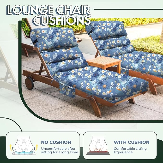 Outdoor Chaise Lounge Chair Cushion, Waterproof Outdoor Chair Cushions for Patio Furniture, 71 x 21 x 4 Inches Replacement Chaise Lounge Cushion with Ties (Blue Flower)