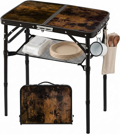 Folding Picnic Table 2ft Portable Camping Table, Dark Walnut | Adjustable Heights, Lightweight Aluminum Foldable Small Card Table with Carry Handle for Indoor Outdoor Camp RV BBQ Beach