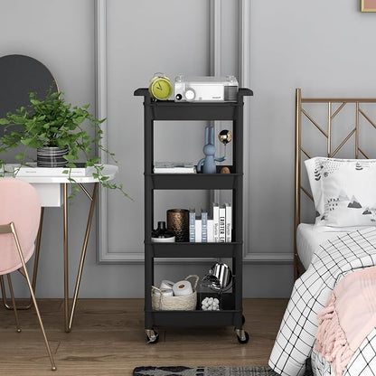 STEEHOOM 4 Tier Rolling Cart with Handle, Utility Cart with Table Top Easy Assembly Bathroom Storage Cart on Wheels for Office, Living Room, Kitchen, Craft Room, Black