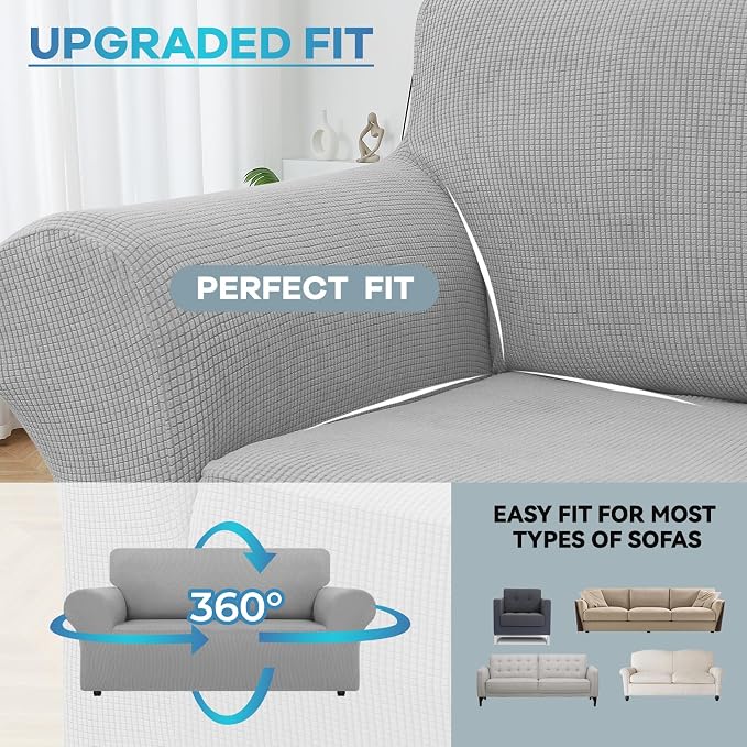 LURKA Stretch Loveseat Couch Cover 1 Piece 2 Cushion Sofa Slipcover, Sliver | Soft Stretch Jacquard, Fits 55"-78" Loveseats, Elastic Bottom for Secure Fit, Machine Washable, Pet & Kid Friendly