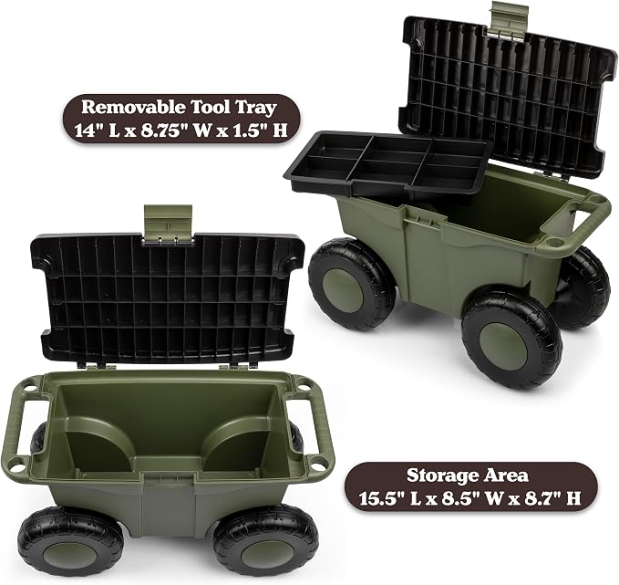 Pure Garden Rolling Garden Cart with Seat, Green | Plastic Garden Bench with Interior Tool Tray for Storage - Gardening Stool for Weeding and Planting