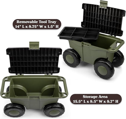 Pure Garden Rolling Garden Cart with Seat, Green | Plastic Garden Bench with Interior Tool Tray for Storage - Gardening Stool for Weeding and Planting