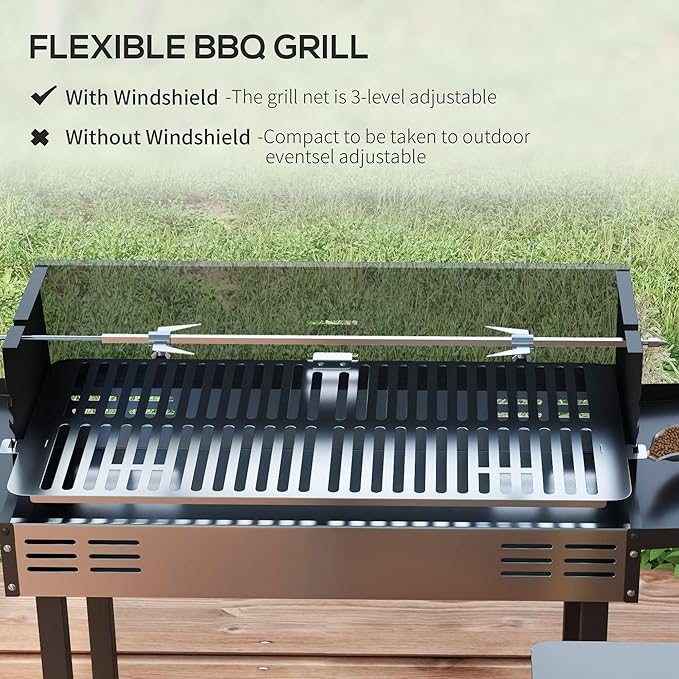 Premium Heavy-Duty Durable BBQ Rotisserie Charcoal Grill with 3Level Multi-Functional Storage Shelves Stainless Steel Construction