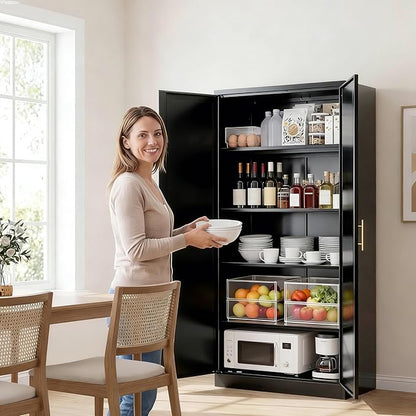 CJF Black Kitchen Pantry Cabinet,71" Tall Metal Storage Cabinet with 4 Adjustable Shelves and Doors, Freestanding Pantry Cabinet for Kitchen, Living Room, Dining Room, Bathroom, Easy to Assemble