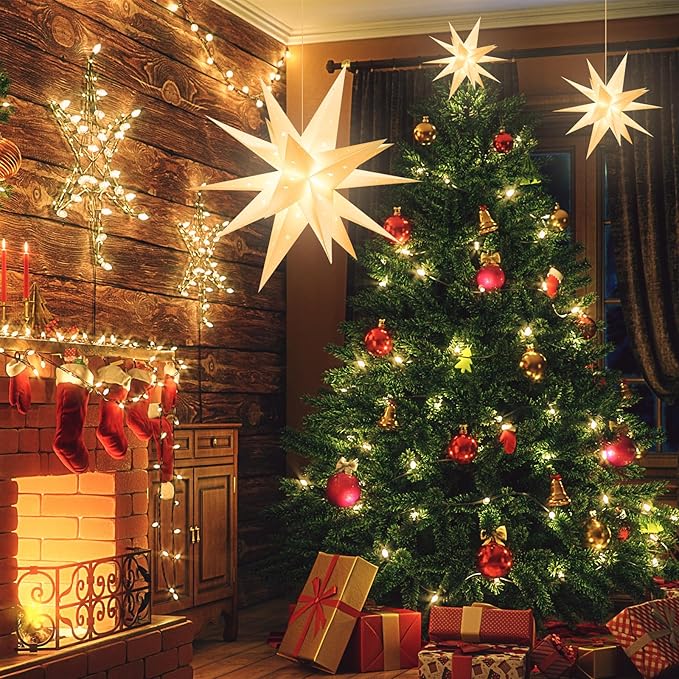 18" Plug-in Moravian Star Outdoor Light with Timer, Warm White 3D PVC Christmas Star IP44 Waterproof Hanging Decoration for Porch, Garden, Wedding, Indoor Holiday Display