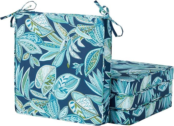 Outdoor 18 inch Square Patio Dining Chair Pads – Comfortable Fiber-Filled Seat Cushions with Ties, Reversible Polyester Fabric - Botanical Crestwood, Set of 4