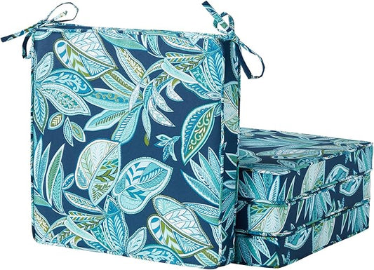 Outdoor 18 inch Square Patio Dining Chair Pads – Comfortable Fiber-Filled Seat Cushions with Ties, Reversible Polyester Fabric - Botanical Crestwood, Set of 4