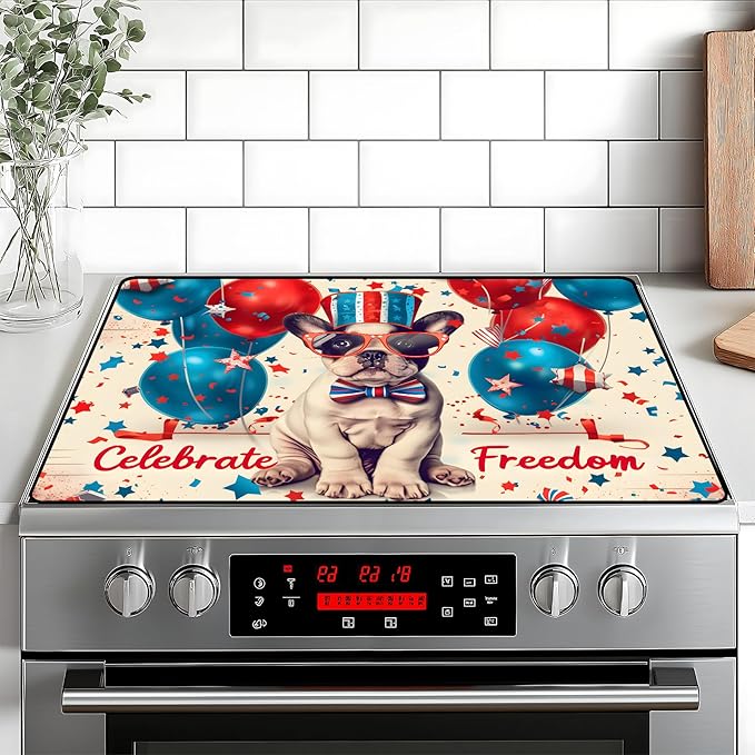 Patriotic Stove Top Cover, Heat Resistant Electric Stove Protector Mat, Large Diatomite Kitchen Counter Mat, Independence Day Decor American Flag Kitchen Accessory (dog, 28x20 Inch)