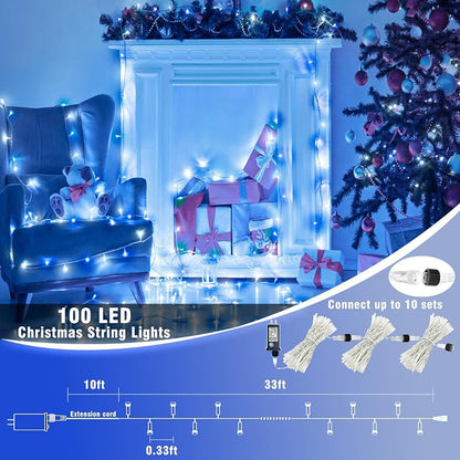 100 LED Christmas Lights Outdoor, 33ft Christmas String Lights for Bedroom 8 Modes Waterproof Plug in Twinkle Fairy Light for Indoor Outside Bedroom Home Party Decoration, Blue&White