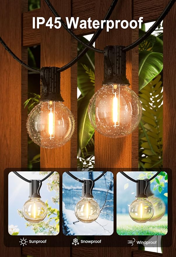 Outdoor String Lights Waterproof 50FT Patio Lighting for Backyard Bistro | 50FT Connectable Outdoor Lights,27 Plastic Dimmable Globe Bulbs for Backyard Bistro Porch Garden Gazebo Balcony Deck Cafe