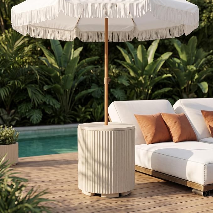 Patio Table for Umbrella, Pool Side Table, 2 Pack, Beige | Adjustable Knob, 1.5Inch Umbrella Hole, All Weather Material