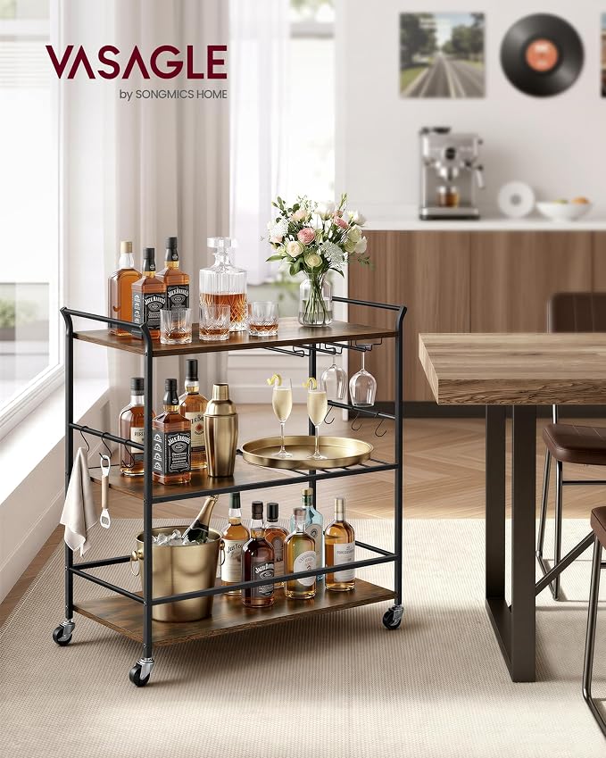 VASAGLE 3-Tier Bar Cart, Steel Serving Cart on Wheels with Wine Rack and Glass Holder, 33.3 x 15.7 x 33.7 Inches, Rustic Brown and Black, for Kitchen and Living Room, Barnet Collection ULRC210K101