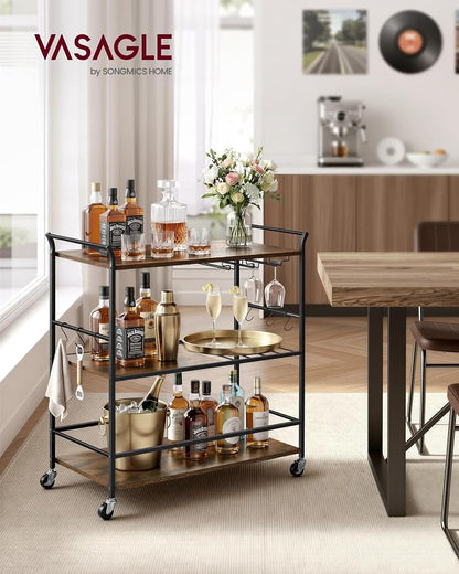 VASAGLE 3-Tier Bar Cart, Steel Serving Cart on Wheels with Wine Rack and Glass Holder, 33.3 x 15.7 x 33.7 Inches, Rustic Brown and Black, for Kitchen and Living Room, Barnet Collection ULRC210K101