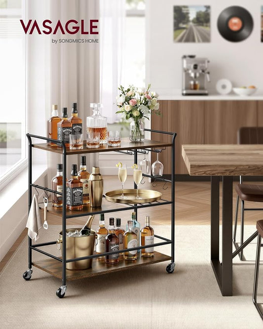 VASAGLE 3-Tier Bar Cart, Steel Serving Cart on Wheels with Wine Rack and Glass Holder, 33.3 x 15.7 x 33.7 Inches, Rustic Brown and Black, for Kitchen and Living Room, Barnet Collection ULRC210K101
