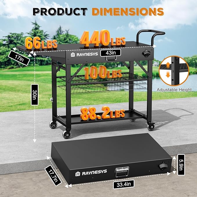 Raynesys Outdoor Grill Cart, 440lbs Outdoor Grill Table, 31x17 inch Blackstone Griddle Stand, Portable Folding Cart with Wheels, 2-Tier Storage Rack & Side Storage Box (Black)