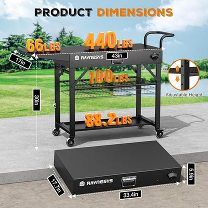 Raynesys Outdoor Grill Cart, 440lbs Outdoor Grill Table, 31x17 inch Blackstone Griddle Stand, Portable Folding Cart with Wheels, 2-Tier Storage Rack & Side Storage Box (Black)