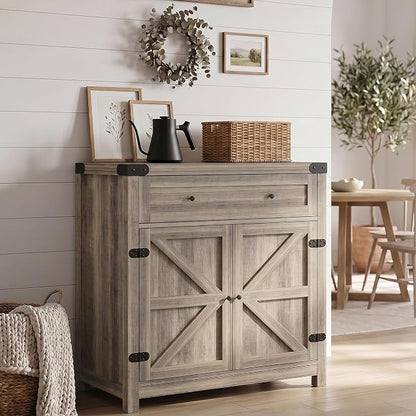 YESHOMY Kitchen Storage Cabinet, Coffee Bar Cabinet, Farmhouse Sideboard Buffet with Storage, Barn Door Accent Cabinet with a Drawer and Adjustable Shelf for Kitchen, Dining Room, Entryway, Oak, 1PCS