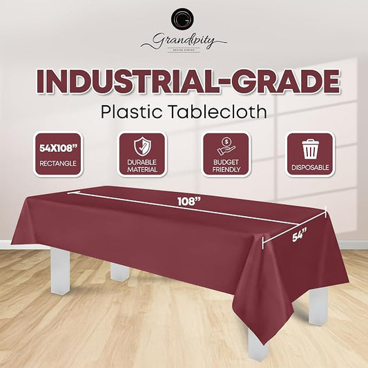 Grandipity 12 Pack Premium Disposable Plastic Tablecloth 54 Inch. x 108 Inch. Decorative Rectangle Table Cover - Burgundy
