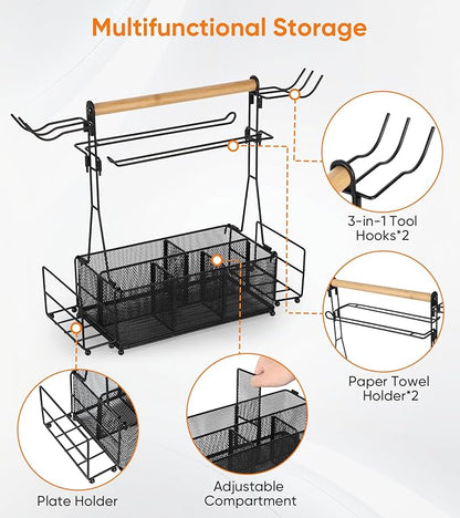 Grill Caddy Barbecue Tool Sets for Outdoor Grill, Picnic BBQ Caddy Picnic Utensil Condiment Organizer, BBQ Accessories Camping Gifts with Paper Towel Holders, Compartments & Hooks