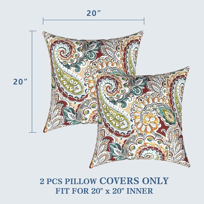 LVTXIII Outdoor Pillow Covers 20x20 Inch, 2 Pack Large Square Throw Pillow Cases, Fade-Resistant Cushion Covers for Patio Furniture Sofa, Garden Porch, Vibrant Paisley