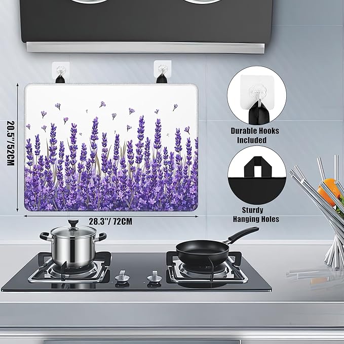 Purple Lavender Glass Top Stove Cover Protector,Spring Flower Stove Top Covers for Electric Stove,Washable Heat Resistant Cooktop Mat Anti-Slip Range Covers, 28 x 20 Inch