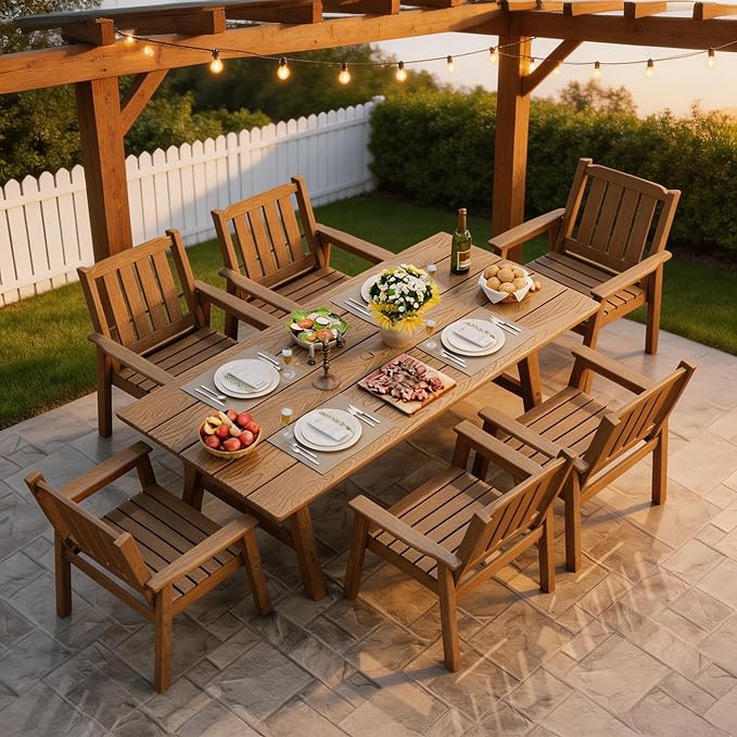 GarveeLife 7-Piece Outdoor Dining Set for Patio 6 People, HDPE All Weather Furniture Table Set with Large Table Umbrella Hole, Modern Outdoor Dining Chairs Armrest for Backyard Garden Deck (Natural)