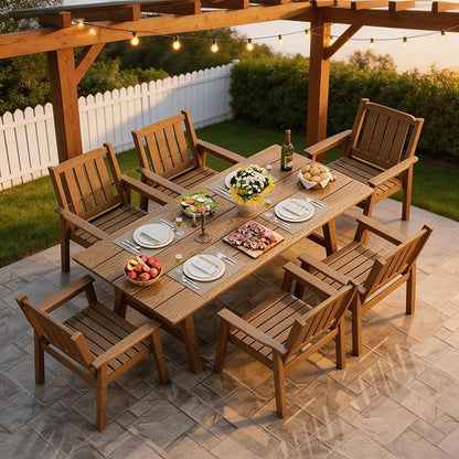 GarveeLife 7-Piece Outdoor Dining Set for Patio 6 People, HDPE All Weather Furniture Table Set with Large Table Umbrella Hole, Modern Outdoor Dining Chairs Armrest for Backyard Garden Deck (Natural)