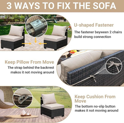 Jing's Villa 10-Piece Patio Furniture Set, All-Weather Outdoor Wicker Sectional Sofa with Cushions, Glass Table & Left and Right Armrest, Rattan Conversation Seating for Porch, Garden, Backyard,Beige
