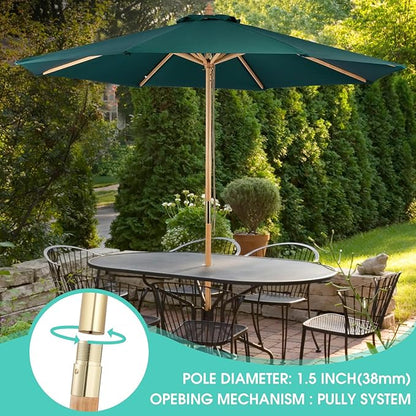 9ft Wooden Umbrella, Outdoor Patio Umbrella, Wood Market Umbrella, Patio Umbrella Wood Pole with Pulley Lift for Garden, Yard, Deck, Pool, Market