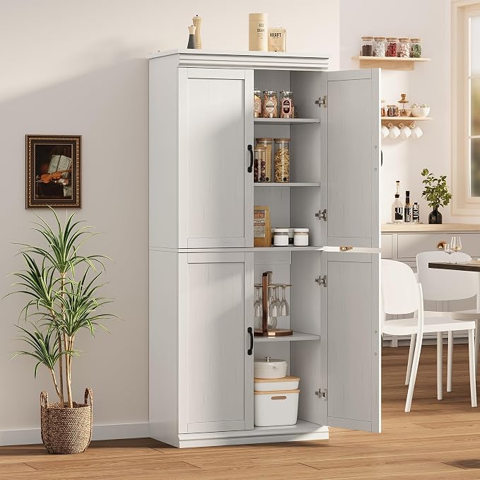 IDEALHOUSE Pantry Cabinet, White 4-Door with Adjustable Shelves, 70" H | Freestanding Cupboard with 5 Interior Compartments, Dining Room, Kitchen, Bathroom, Living Room