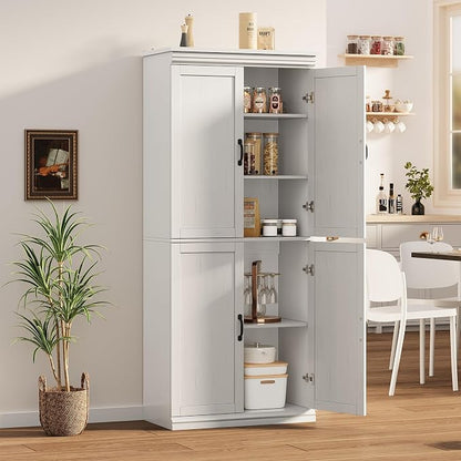 IDEALHOUSE Pantry Cabinet, White 4-Door with Adjustable Shelves, 70" H | Freestanding Cupboard with 5 Interior Compartments, Dining Room, Kitchen, Bathroom, Living Room