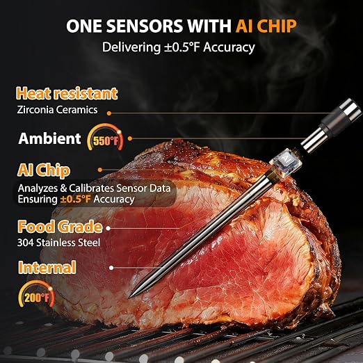 Wireless Meat Thermometer Digital, 1 Probe Bluetooth Thermometer | Smart App & Standalone Display Base, NIST ±0.5°F, Instant Read LCD, BBQ Smoker Grill Oven, Brisket Steak Turkey Pork