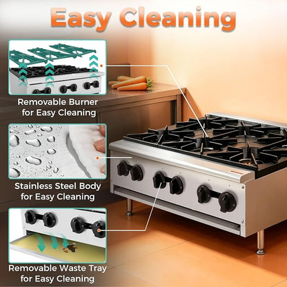 Commercial Hot Plate,Countertop Restaurant Kitchen Stove,NG LP Convertible Supply,Independent Controls,Cast Iron Grates,Standing Pilot Ignition,Adjustable Legs,Removable Waste Tray (Silver,6 Burner)