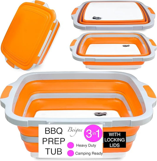 XL Collapsible BBQ Prep Tub with Lid - 3 in 1 Collapsible Tub & Portable Cutting Board Container for Marinating, Camping, Meat Storage - Space-Saving, Foldable Tray for Kitchen and Outdoor