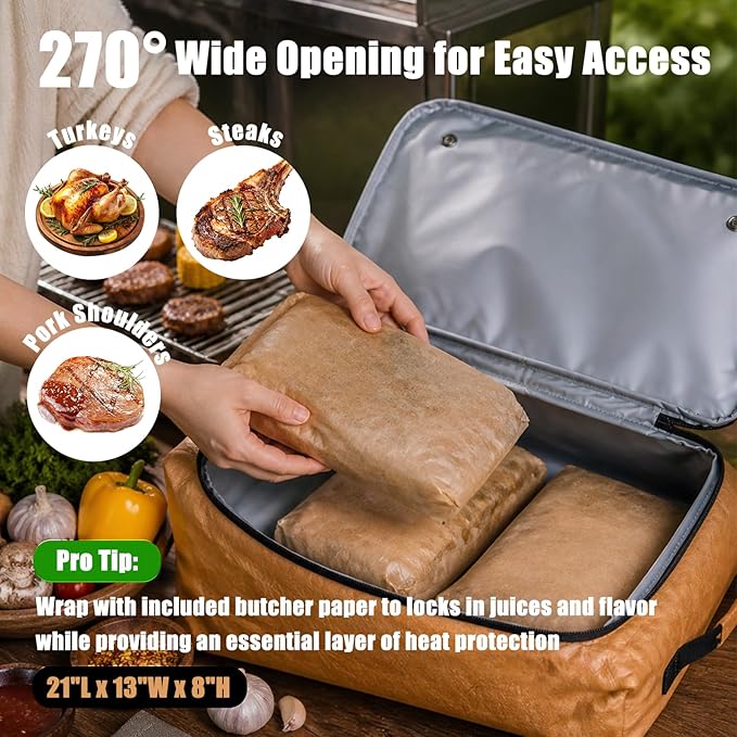 BBQ Blanket for Resting Meat, 270° Opening Leak-Proof Insulated Meat Resting Bag with Butcher Paper, BBQ Brisket Blanket for Pork Shoulder/Steak/Turkey, Smoker Grilling Accessories Gifts for Men/Dad