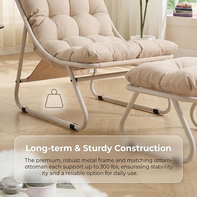 Rocking Chair with Ottoman, Modern Metal Frame Outdoor Rocker, Comfy Patio Lounge Chair with Footrest, Reading Glider Chairs for Living Room, Bedroom, Balcony, Garden, Relax, Beige