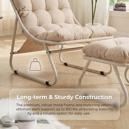 Rocking Chair with Ottoman, Modern Metal Frame Outdoor Rocker, Comfy Patio Lounge Chair with Footrest, Reading Glider Chairs for Living Room, Bedroom, Balcony, Garden, Relax, Beige