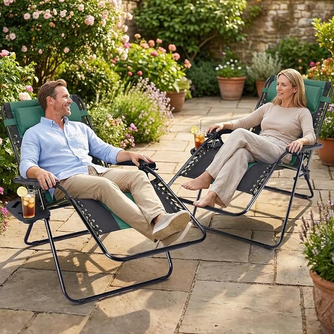 Sweetcrispy Zero Gravity Chairs, Foldable Patio Reclining Chairs with Adjustable Pillow & Cup Holder, Oversized Portable Support 400 lbs, for Backyard Camping, Black-Green
