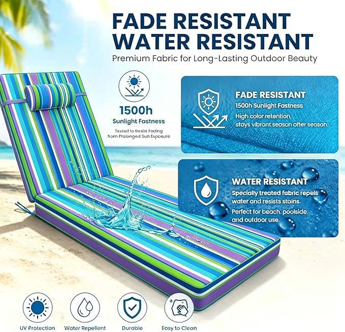 Chaise Lounge Cushion for Outdoor Furniture, Waterproof, Fade-Resistant and Tear Resistant, Patio Lounger Pads with Removable Cover for Pool, Deck, Lawn, 72x21x4 Inch, Blue & Green Stripe