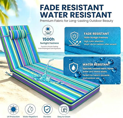 Chaise Lounge Cushion for Outdoor Furniture, Waterproof, Fade-Resistant and Tear Resistant, Patio Lounger Pads with Removable Cover for Pool, Deck, Lawn, 72x21x4 Inch, Blue & Green Stripe