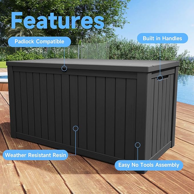 Pepe Tee Waterproof Resin Deck Box, Outdoor Storage Bin for Patio Furniture Cushions, All-Weather Garden Organizer & Seating Bench, Black