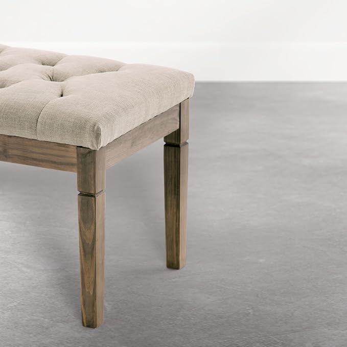 SIMPLIHOME Waverly Tufted Ottoman Bench - 48 inch Wide Upholstered Linen Look Fabric Rectangle Footstool Ottoman in Wheat Beige, Traditional Bench for Entryway or Living Room with Carved Legs