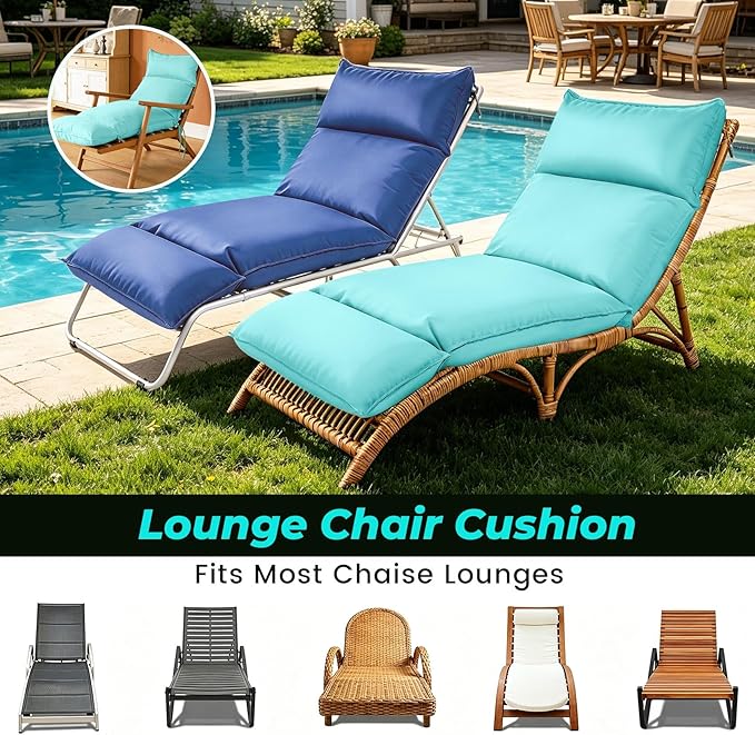 Outdoor Chaise Lounge Chair Cushion, Waterproof Non-Slip Patio Chaise Lounge Cushions for Outdoor Furniture, 72 x 21 x 5 Inches, Teal