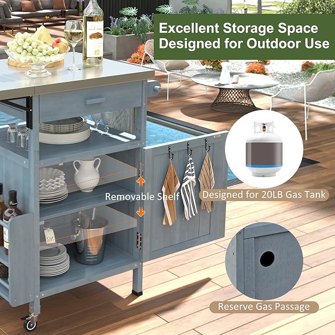 40.5" Outdoor Grill Cart with Stainless Steel Top, Solid Wood Storage Cabinet with Drop Leaf, One Drawer, Towel Rack, Rolling Kitchen Cart with Lockable Wheels for Lawn Garden