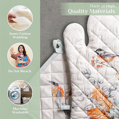 Maison d' Hermine 100% Cotton Oven Mitt & Pot Holder Set (7.5"x13" & 8"x8") Heat Resistant BBQ Cooking Gloves with Loop for Thanksgiving Christmas Decorations Handling Hot Pans (Whitish Shabby Chique)