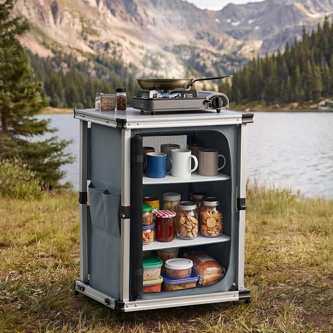 VEVOR Folding Camping Storage Cabinet, Outdoor Portable Aluminum Lightweight Table, Quick Set-up Compact Kitchen Cook Station, with 3 Shelves and Carry Bag, for Picnic, BBQ, Camping, RV Traveling