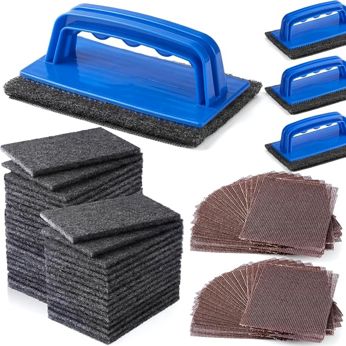 Reallnaive 124 Pcs Griddle Cleaning Kit for Flat Top Grill,Blue | Screen Holder, Grill Screens Cleaning Pads, Heavy Duty Abrasive Mesh Pads for Cast Iron, Stainless Steel Griddle Cleaner