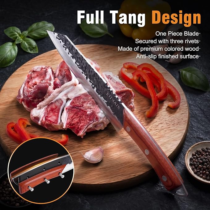 KITNATS Hand Forged Butcher Knife Set, 3PCS BBQ Knife Set with Meat Cleaver, Chef Knife & Boning Knife, High Carbon Steel Cleaver Knife Set for Meat Cutting, Camping, Outdoor Cooking, Gift for Men