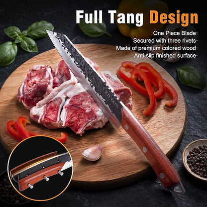KITNATS Hand Forged Butcher Knife Set, 3PCS BBQ Knife Set with Meat Cleaver, Chef Knife & Boning Knife, High Carbon Steel Cleaver Knife Set for Meat Cutting, Camping, Outdoor Cooking, Gift for Men